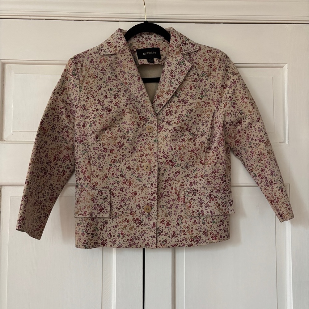 Express Ditsy Floral 100% Leather‎ Jacket Cropped Shiny Flowers Juniors Size 5/6